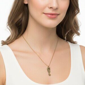 Seahorse Brass Tone Pendant Necklace Marine Nautical Retro Jewel Gold Metal